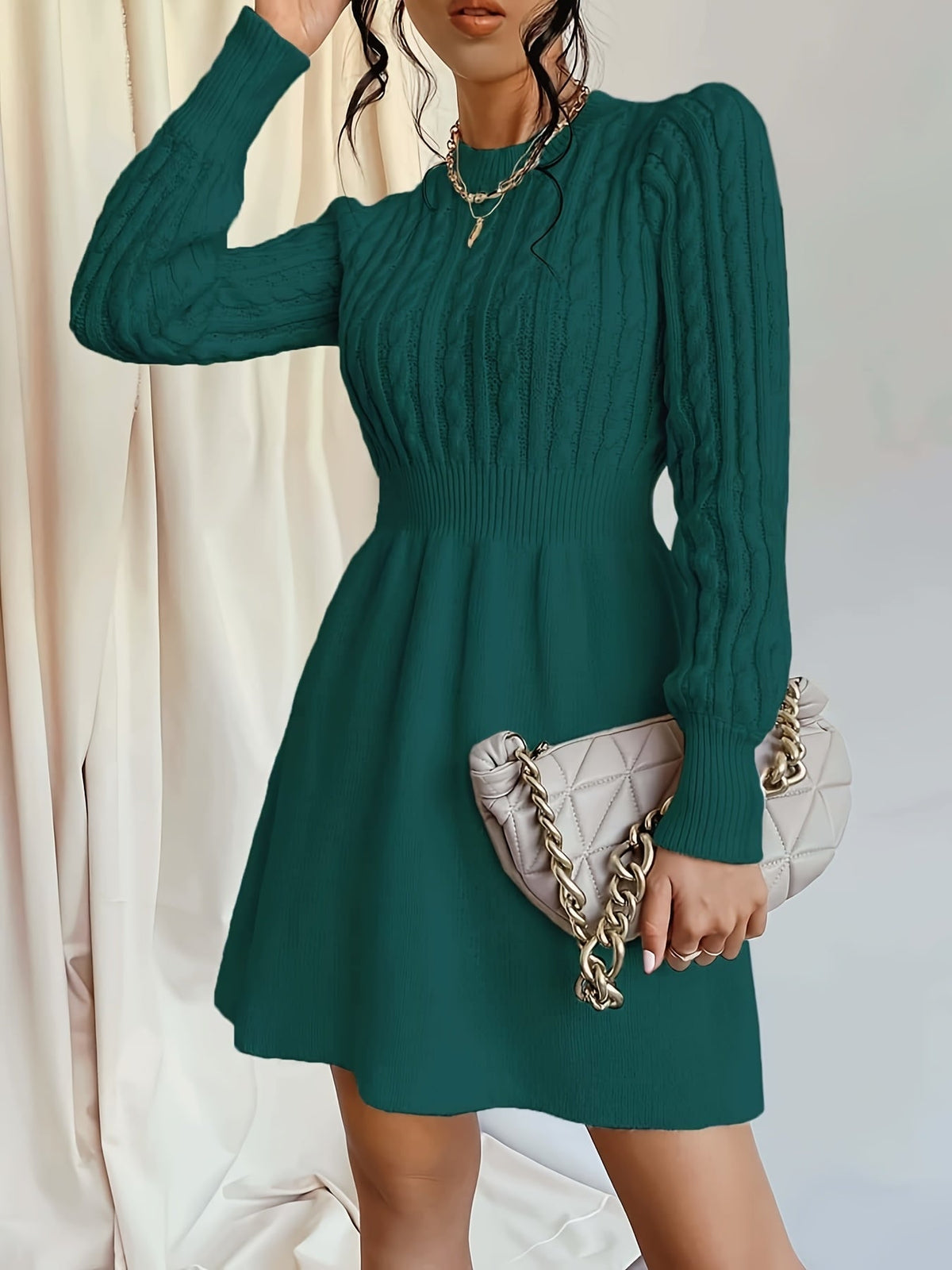 Stephanie | Women's A-Line Mini Cable Knit Sweater Dress
